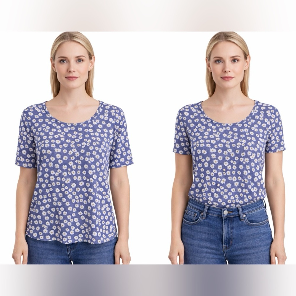 J. Jill Blue Pima Cotton Scoop Neck Tee with White Florals Short Sleeve